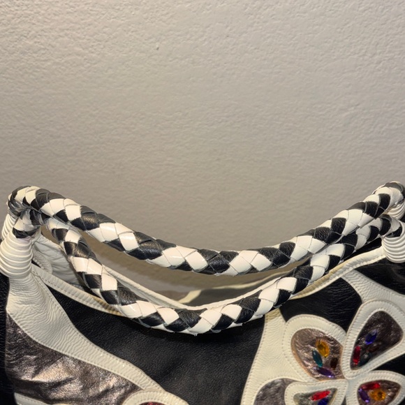 Sharif Black and White Floral Appliqué Shoulder Bag with Jewel Accents - Picture 9 of 12